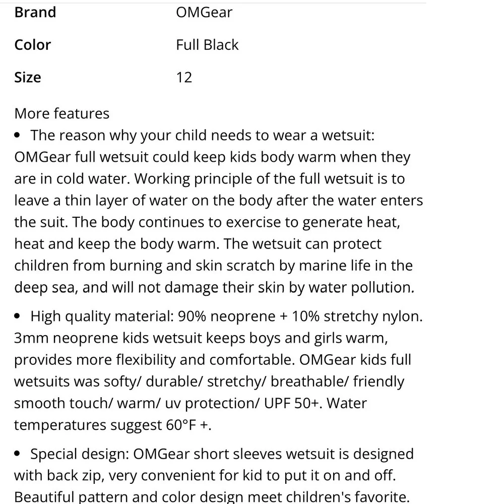 OMGear Kids 12 Wetsuit 3mm Neoprene Full Body Youth Surf Scuba Diving Suit Black